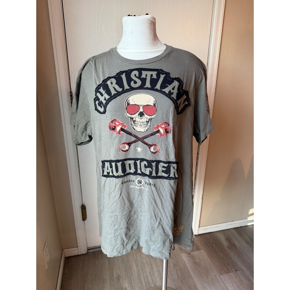 Christian Audigier Garage Parts Skull Graphic T-Shirt XXL Grey Green Biker Tee